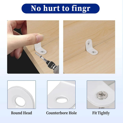 Heavy Duty White Metal L Brackets 20 Pack Rock Solid Corner Mounts shown with installation details and fit features.