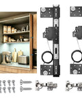 Slick Heavy Duty Pocket Door Slide Hinge Kit With Thick Cold Rolled Steel And Dual Row Ball Bearings For A Damn Smooth Invisible Sliding Motion On Inset Wood Doors with components and kitchen background.