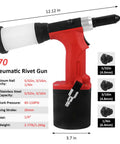 Heavy-Duty Pneumatic Rivet Gun S70 With Air-Powered Hydraulic Force and three nosepieces for 4 5 and 6 4 millimeter rivets shown in profile.