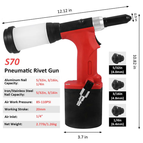 Heavy-Duty Pneumatic Rivet Gun S70 With Air-Powered Hydraulic Force and three nosepieces for 4 5 and 6 4 millimeter rivets shown in profile.