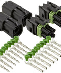 Top Quality 4 Pin Weather Pack Connector Kit With Sealer Terminals And Housing For Male Female Quick Disconnect Splice Works Great On 18 20 Gauge Wiring Fits OEM Specs Perfectly So You Can Fix Your Gear Easy. 4-pin connector kit with black housings, green seals, and terminals for 18-20 gauge wiring.