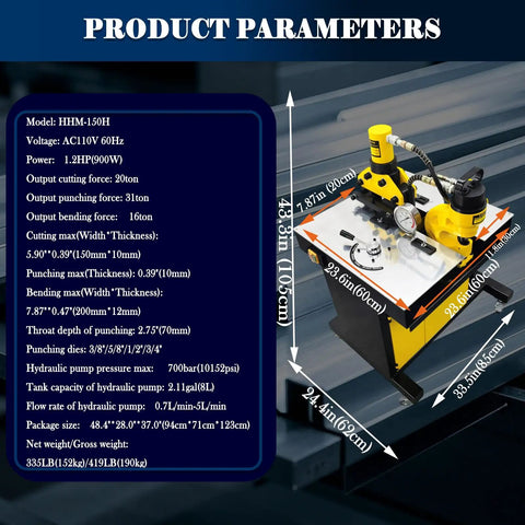 INTBUYING 3 In 1 Electric Hydraulic Busbar Processor Cutter Bender Hole Puncher Tool 20 Ton Force shown with specifications.