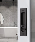 Matte Black Sliding Door Handle For Bath And Barn Doors, Zinc Alloy Flush Handle With Privacy Pocket Door Lock on interior door.