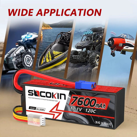 Beefy High Capacity 3S 7600mAh LiPo Battery 11.1V With EC5 Connector for RC models including cars, boats, planes, and helicopters.