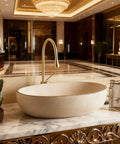 Retro Oval Ceramic Vessel Sink for Bathroom Vanity, modern minimalist countertop basin in elegant hotel lobby