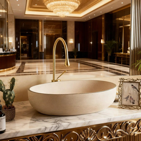 Retro Oval Ceramic Vessel Sink for Bathroom Vanity, modern minimalist countertop basin in elegant hotel lobby