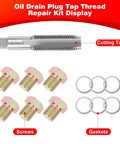 Components of Oil Drain Plug Thread Repair Kit M15 X 1.5mm Rethread Tool including tap, screws, and gaskets