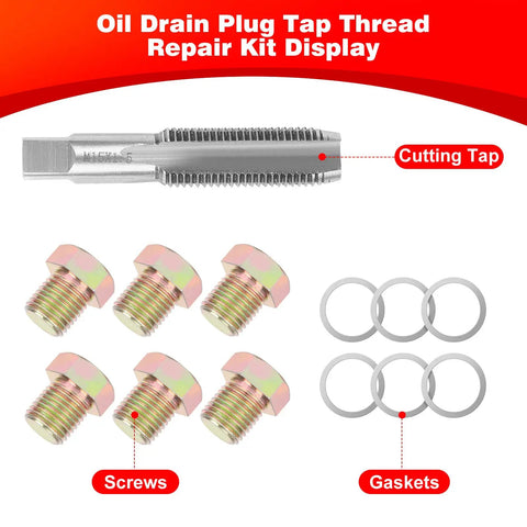 Components of Oil Drain Plug Thread Repair Kit M15 X 1.5mm Rethread Tool including tap, screws, and gaskets