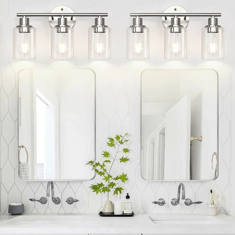 3 Light Brushed Nickel Vanity Light Fixture With Clear Glass Shades For Bathroom Mirror Glow Farmhouse Wall Sconce