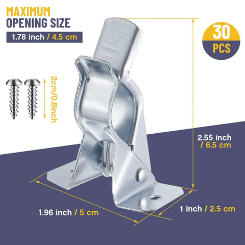 Heavy Duty Metal Spring Clip Hangers 30 Pack Wall Mount Organizer For Garage Holds Brooms Mops Rakes And Tools Up To 1.78 Inch Diameter With Mounting Screws Included For Easy Installation showing dimensions and screws