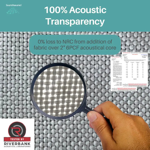 Pro Grade Black Acoustical Fabric Precut Sheets Heavy Duty Sound Dampening Textile sample under magnifying glass showing texture.
