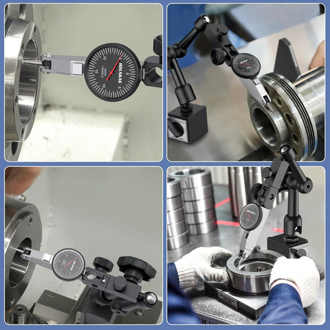 Dial test indicator with magnetic base stand, black, and 3 clamps; shown in front and installed views.