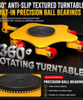 Badass Machine Skate Rated For 12 Ton Loads Featuring Rugged Carbon Steel Construction And Dual Ball Bearing Rollers To Make Rough Job Sites Feel Like Total Smooth Sailing Without Any Sweat, yellow 360° rotating turntable with anti-slip surface.