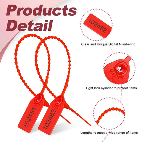 Massive 500 Piece Plastic Tamper Seals For Fire Extinguishers With Numbered Tags And Zip Ties, Red 9.8 Inch Long Self Locking Safety Tags, Disposable Security Signage Pack