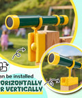 Kid Friendly Green And Yellow Telescope Playset With 360 Degree Spin Magnification, plastic small telescope mounted horizontally on treehouse post