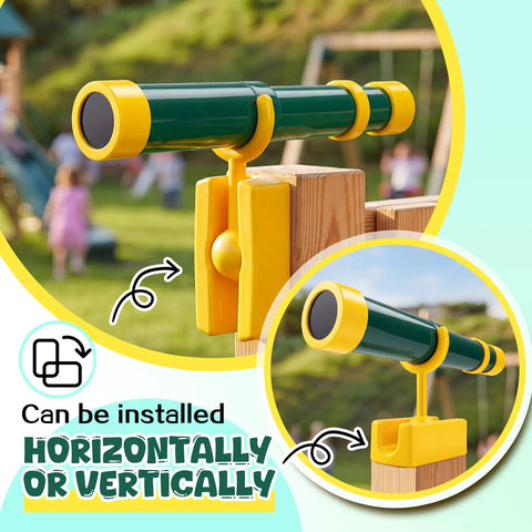 Kid Friendly Green And Yellow Telescope Playset With 360 Degree Spin Magnification, plastic small telescope mounted horizontally on treehouse post