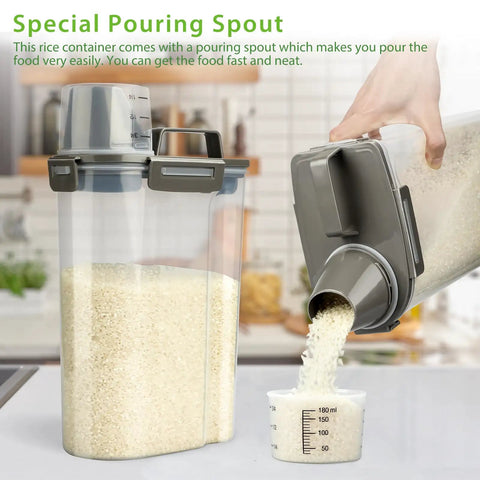 Airtight Dry Food Storage Container With Measuring Cup Clear BPA Free Pantry Organizer The Kitchen Must Have For Rice Flour Sugar Cereal Pet Food And Snacks 3 To 5 Lb Capacity with pouring spout in use
