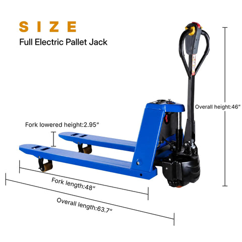 Heavy Duty Electric Pallet Jack With 3,300 Lbs Capacity And 48V Lithium Battery For Smooth Warehouse Haulin' size dimensions with 48 inch forks.