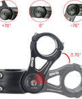 Adjustable 31.8mm MTB Bike Stem, 70 Degree Range Riser, 90mm Aluminum Alloy with angle adjustments shown in close up.