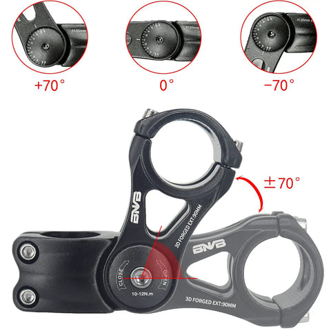 Adjustable 31.8mm MTB Bike Stem, 70 Degree Range Riser, 90mm Aluminum Alloy with angle adjustments shown in close up.