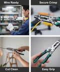 Heavy Duty 10 In 1 Electrician Pliers With Premium Carbon Steel Jaw And Cozy Tpr Grip Handle used for crimping, cutting, and stripping wires.
