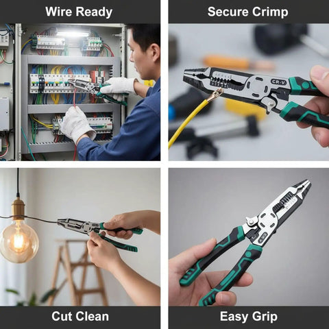 Heavy Duty 10 In 1 Electrician Pliers With Premium Carbon Steel Jaw And Cozy Tpr Grip Handle used for crimping, cutting, and stripping wires.