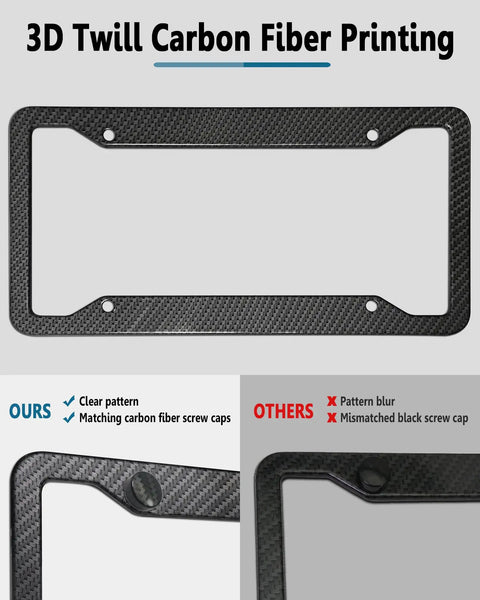 Carbon Fiber Pattern License Plate Frames 2 Pack Black Aluminum Front And Rear Car Tag Holder with matching screw caps