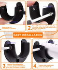 Stainless Steel Wardrobe And Shower Curtain Rod Bracket Set, U Shaped Open Socket Ends, 1 Inch Pole End Supports Flange, Heavy Duty Build, No Fuss Install, Durable Four Pack For Home Or Office Use, black wall mount installed on rod