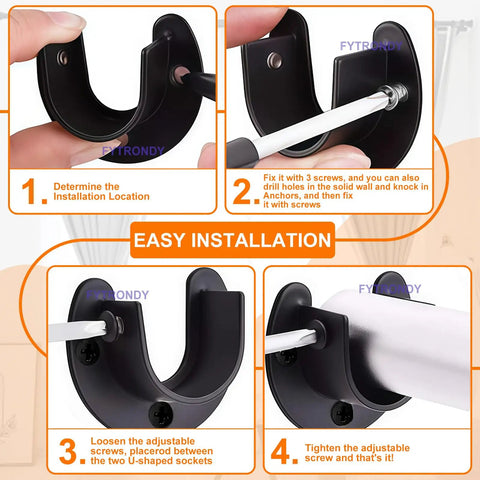 Stainless Steel Wardrobe And Shower Curtain Rod Bracket Set, U Shaped Open Socket Ends, 1 Inch Pole End Supports Flange, Heavy Duty Build, No Fuss Install, Durable Four Pack For Home Or Office Use, black wall mount installed on rod