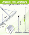 Diagram showing 24 inch Aluminum Landscape Rake Heavy Duty Garden Tool For Lawns And Soil Loosening Rustproof with adjustable handle