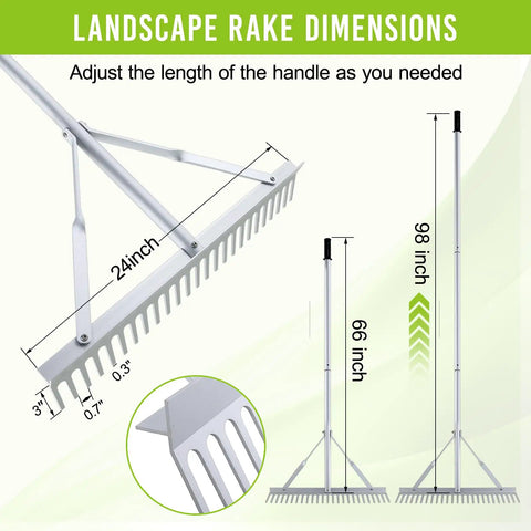 Diagram showing 24 inch Aluminum Landscape Rake Heavy Duty Garden Tool For Lawns And Soil Loosening Rustproof with adjustable handle