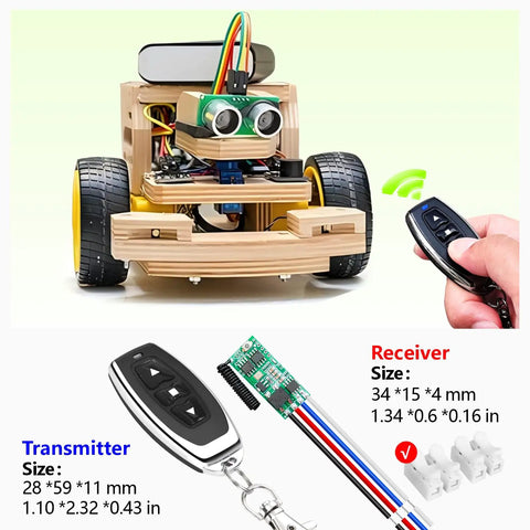 Mini Wireless 12V DC Motor Remote Control Switch With 5V-24V Micro Receiver next to RC car and transmitter