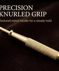 Pretty Slick Gold Metal Candle Snuffer With Extra Long Handle Steady Grip Wick Extinguisher Tool No Burn Drama Heavy Steel Finish Cozy Hearth Decor Perfect Gift For Housewarmers showing knurled metal handle for steady grip.