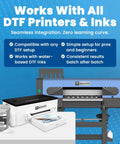 Hot Melt DTF Adhesive Powder For Transfers next to DTF printer setup with visible features and compatibility information.