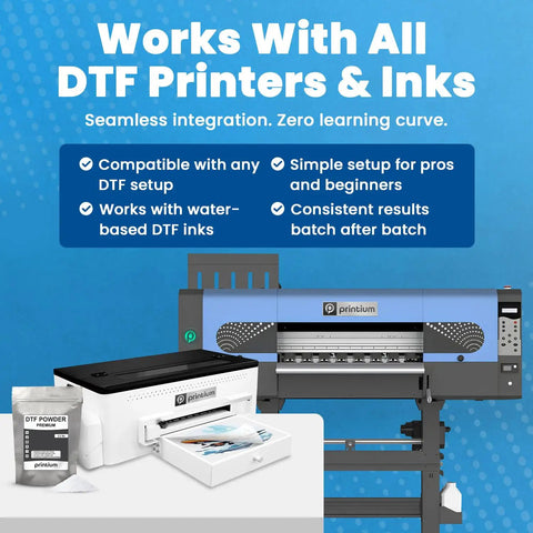 Hot Melt DTF Adhesive Powder For Transfers next to DTF printer setup with visible features and compatibility information.