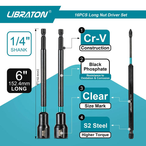 Magnetic Nut Driver Set 16-Piece Long 6-Inch Shank For Impact Drill, showing Cr-V construction and black phosphate finish.
