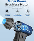 Close-up of Beast Power 300000 RPM Electric Air Duster, showing brushless motor and airflow specifications.