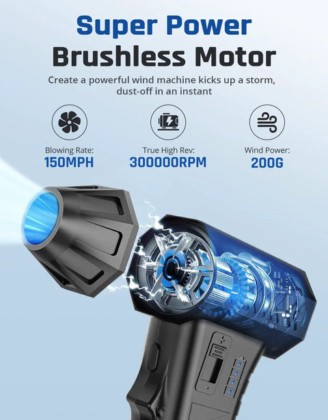 Close-up of Beast Power 300000 RPM Electric Air Duster, showing brushless motor and airflow specifications.