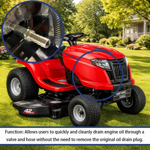 Oil Drain Valve 125-508 With Hose Kit Direct Replacement For MTD Cub Cadet Lawn Mowers And Tractors shown on a red mower