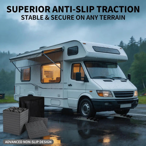 Heavy Duty RV Camper Leveling Blocks 12 Pack With Interlocking Stabilizer Jack Pads For Trailer Rig Ground Support Hella Sweet Campout Setup Gear In Durable Gray near a white RV on wet terrain.