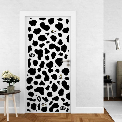 Cow Print Stickers Set 600 Pcs Self Adhesive Wall Decals Waterproof Vinyl For Bathroom Nursery Bedroom Living Room Walls Easy Peel And Stick Dope Cow Themed Wall Art Vibes For Any Space featuring door covered in cow print decals