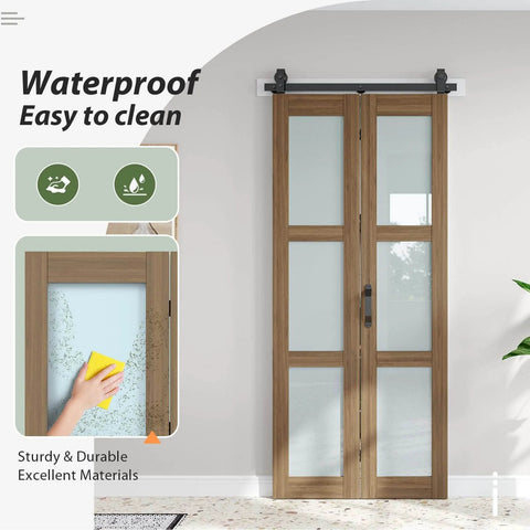 Double 18x84 Frosted Glass Bifold Barn Door Set With Hardware Kit Included, installed in a room, showing brown frame and frosted panels.