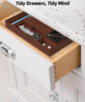 Leather Wireless Charging Valet Tray for Men, EDC Nightstand Organizer in drawer with phone, watch, pens, and clips visible