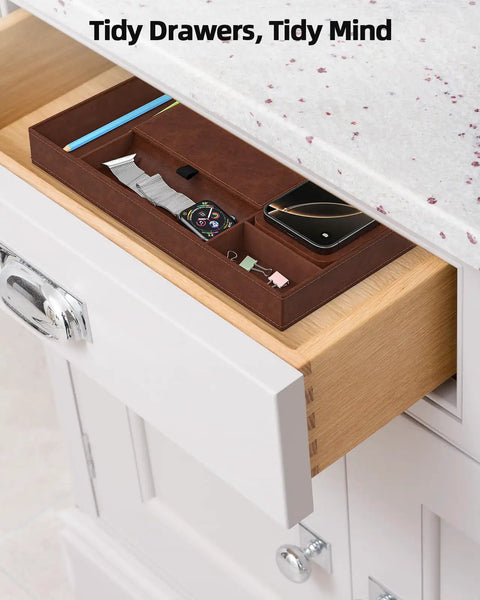 Leather Wireless Charging Valet Tray for Men, EDC Nightstand Organizer in drawer with phone, watch, pens, and clips visible