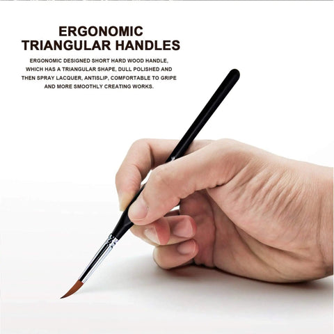 Detail Paint Brush Set Ten Miniature Brushes for Pro Level Fine Detailing and Art Painting in hand with ergonomic handle.