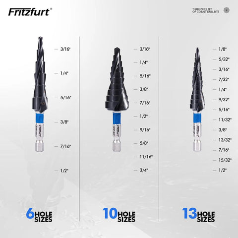 Pro Grade M35 Cobalt Step Drill Bit Set With CBN Ground And AlTiN Coating, One Quarter Inch Hex Shank, 6, 10, 13 Steps