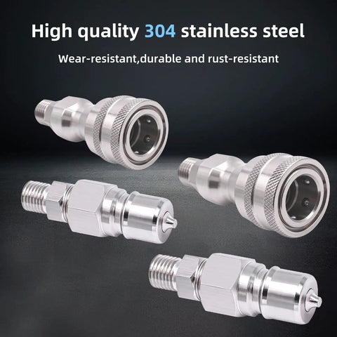 Two Pack M14 to M16 Heavy Duty Hydraulic Quick Connect Adapters shown with stainless steel finish and connectors for mini excavators.