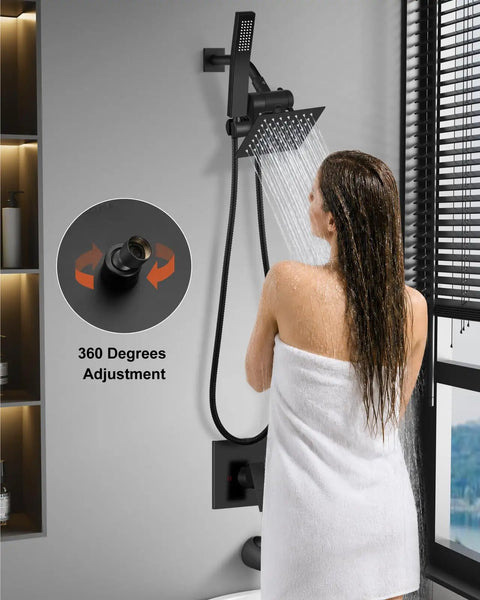Top Drawer Matte Black Shower Tub Faucet Set With Handheld Six Inch Rain Showerhead And Slick Wall Mount Bathroom Plumbing Kit For Quick Home Makeovers