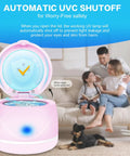 Dual Mode Ultrasonic Cleaner For Dentures Mouth Guards Toothbrush Heads And Jewelry 45 KHz Retainer Cleaner With 5 Minute Quick Blue Light Clean And 3 Minute Deep Purple Light Clean Pink, open lid