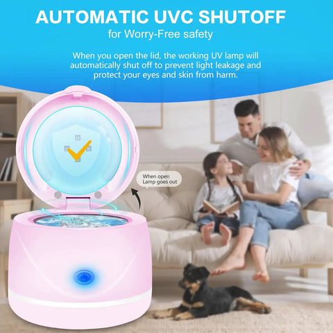 Dual Mode Ultrasonic Cleaner For Dentures Mouth Guards Toothbrush Heads And Jewelry 45 KHz Retainer Cleaner With 5 Minute Quick Blue Light Clean And 3 Minute Deep Purple Light Clean Pink, open lid